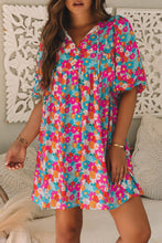 Load image into Gallery viewer, Sky Blue Floral Print Tie Split Neck Bubble Sleeve Babydoll Dress
