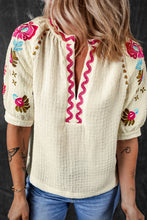 Load image into Gallery viewer, White Floral Embroidered Ricrac Puff Sleeve Textured Blouse
