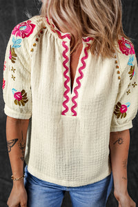 White Floral Embroidered Ricrac Puff Sleeve Textured Blouse