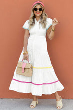 Load image into Gallery viewer, White Colorblock Rickrack Trim Short Sleeve Drawstring Waist Long Dress
