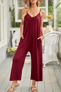 Fiery Red Spaghetti Straps Wide Leg Pocketed Jumpsuits