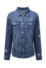 Load image into Gallery viewer, Sky Blue Lapel Distressed Raw Hem Buttons Denim Jacket
