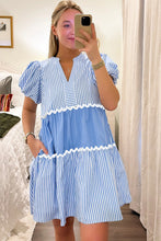 Load image into Gallery viewer, Sky Blue Ric Rac Striped Bubble Sleeve V Neck Dress
