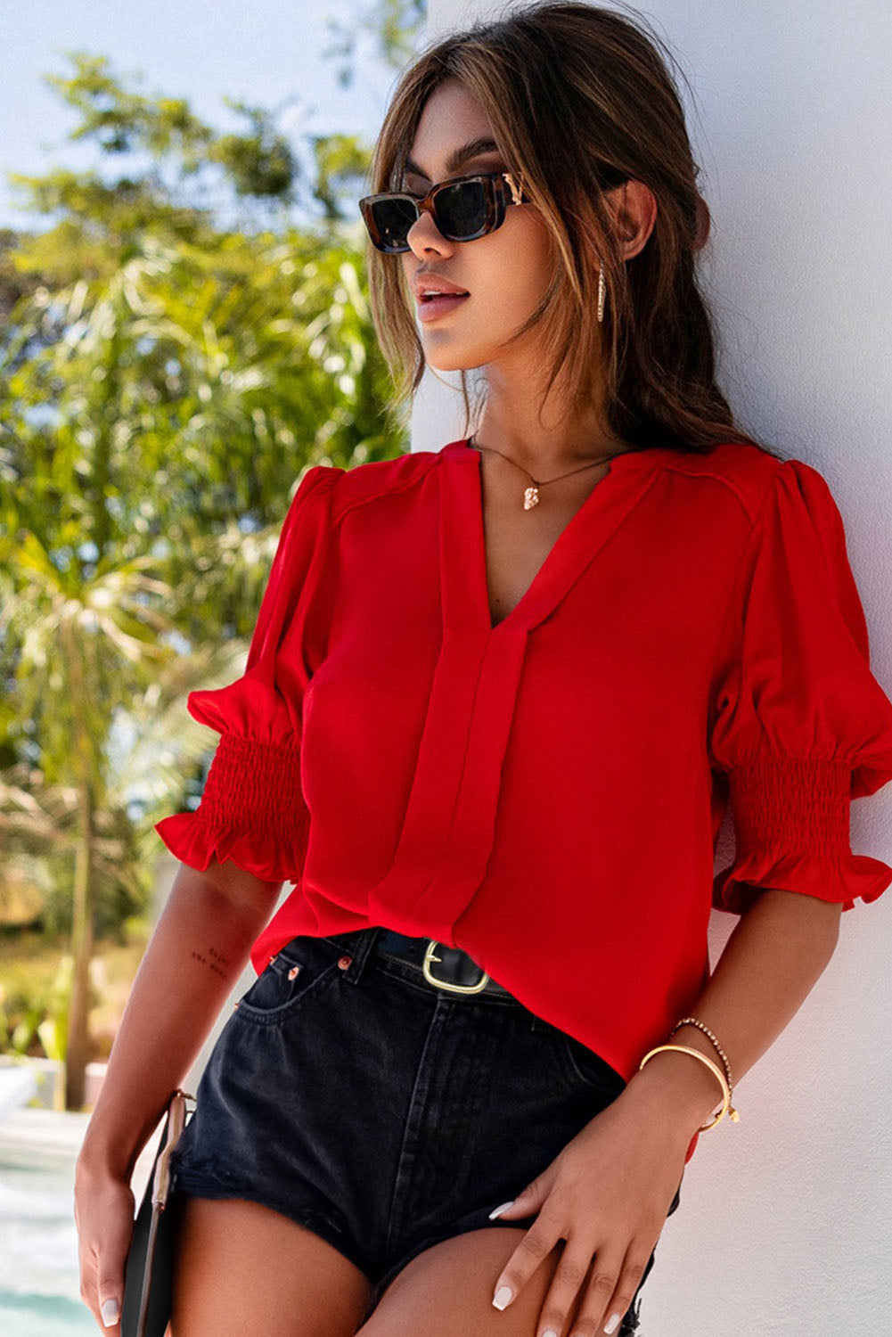 Apricot Solid Color Half Sleeve V Neck Blouse