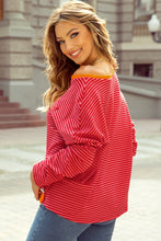 Load image into Gallery viewer, Tomato Red Two Tone Striped Side Buttons Drop Shoulder Top
