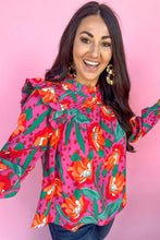 Load image into Gallery viewer, Rose Floral Print Pleated Ruffled O Neck Plus Size Blouse
