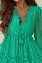 Load image into Gallery viewer, Sea Green Frilly V Neck Puff Sleeve Drawstring Shift Mini Dress
