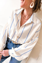 Load image into Gallery viewer, Sky Blue Stripe Drop Shoulder Bubble Sleeve Loose Shirt
