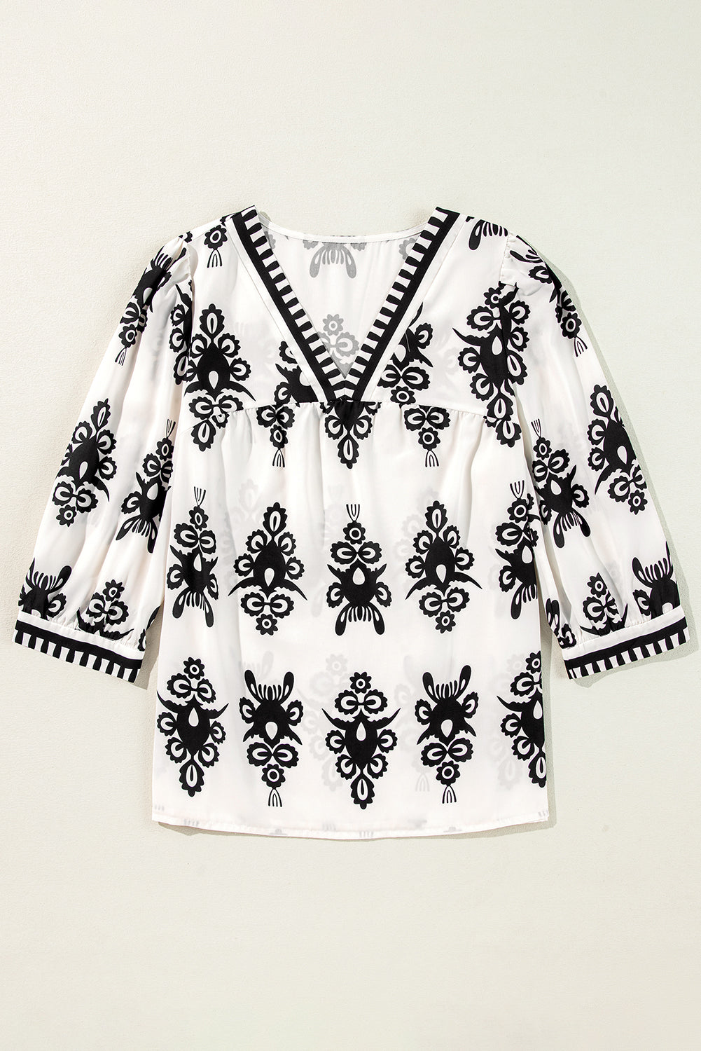 Black Vintage Geometric Printed 3/4 Sleeve V Neck Blouse