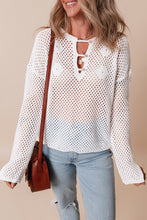 Load image into Gallery viewer, White Open Knit Buttoned Neck Split Sleeve Sweater
