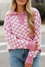 Load image into Gallery viewer, Pink Checkered Buttons Collar V Neck Drop Shoulder Sweater
