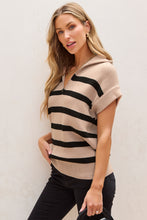 Load image into Gallery viewer, Khaki Stripe Zipped Collar Short Sleeve Sweater
