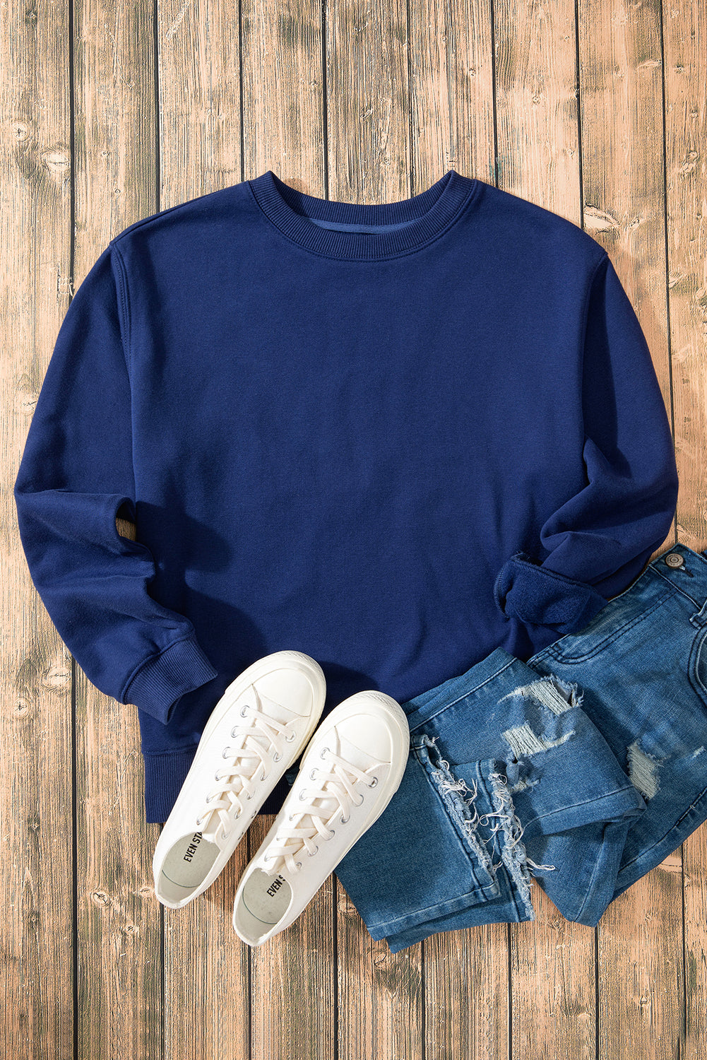 Navy Blue Solid Fleece Lined Drop Shoulder Terry Sweatshirt