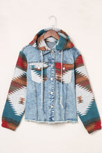 Load image into Gallery viewer, Multicolor Aztec Print Frayed Hem Denim Jacket
