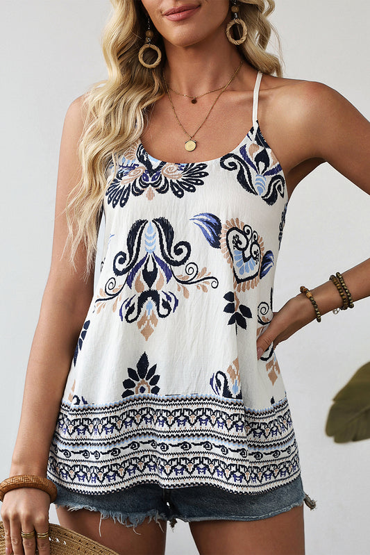 Blue Bohemian Fashion Print Spaghetti Straps Loose Tank