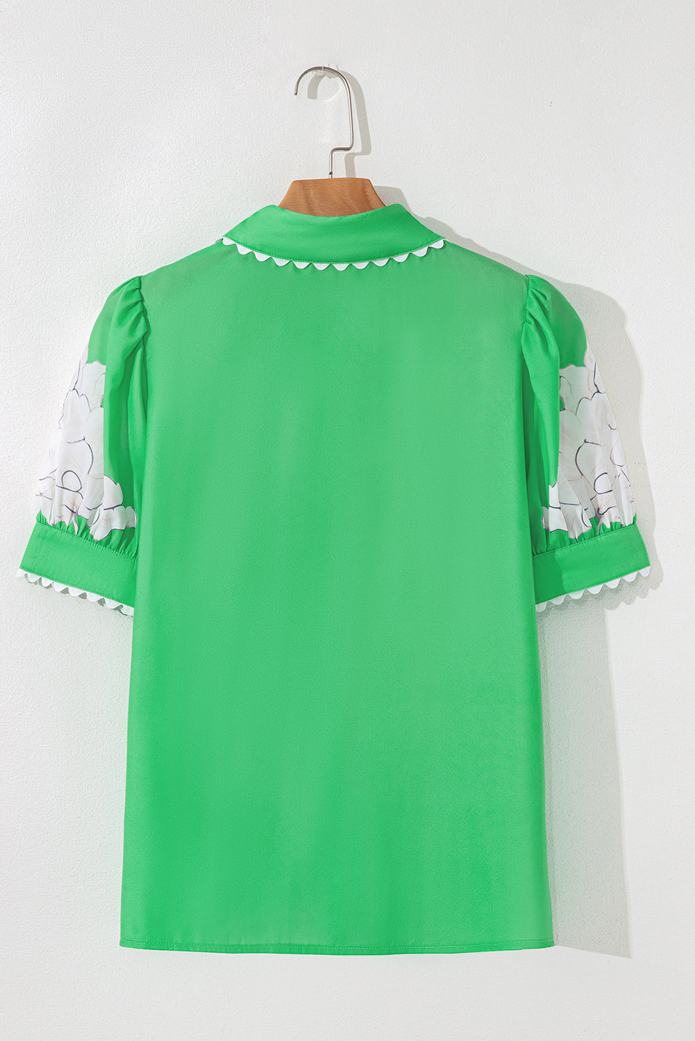 Green Floral Ric Rac Edge Puff Sleeve Button Up Summer Shirt