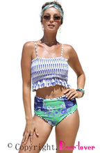 Load image into Gallery viewer, Blue Printed Smocked High waisted swimsuits
