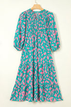 Load image into Gallery viewer, Green Abstract Print Puff Sleeve Tied Notched Neck Long Dress
