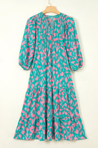 Green Abstract Print Puff Sleeve Tied Notched Neck Long Dress