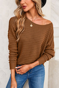 Green Textured Knit Round Neck Dolman Sleeve Sweater