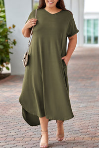 Black Plus Size V Neck Rolled Cuffs Maxi Dress