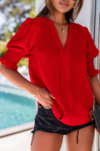 Apricot Solid Color Half Sleeve V Neck Blouse