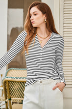 Load image into Gallery viewer, White Stripe Slim Fit Buttoned V Neck Long Sleeve T Shirt
