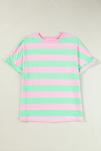 Load image into Gallery viewer, Pink Stripe Colorblock Cuffed Sleeve Loose Tee
