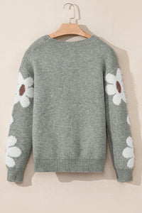 Light Grey Flower Sleeve Drop Shoulder Sweater