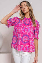 Load image into Gallery viewer, Rose Floral Print Frilled Neck Smocked Puff Sleeve Blouse
