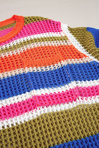 Pink Stripe Colorblock Hollowed Crochet 3/4 Sleeve Sweater