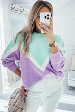 Load image into Gallery viewer, Green Chevron Colorblock Ribbed Knit Drop Shoulder Sweater
