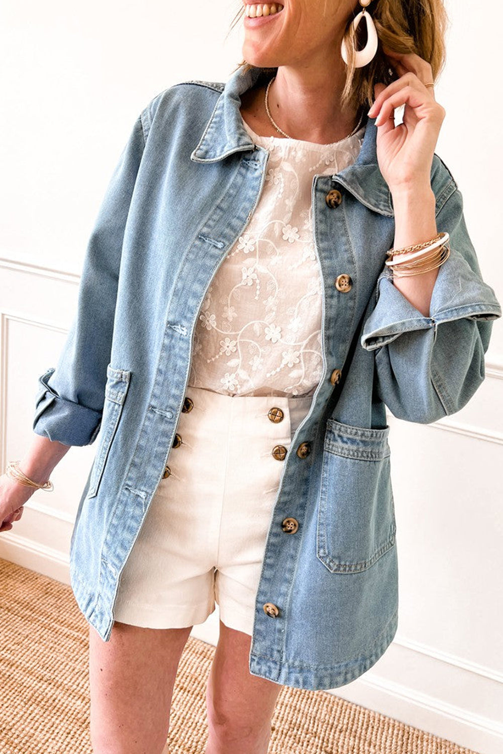 Dusk Blue Slit Buttons Pocketed Denim Jacket