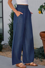 Load image into Gallery viewer, Sail Blue Side Pockets Frilled Smocked High Waist Wide Leg Jeans
