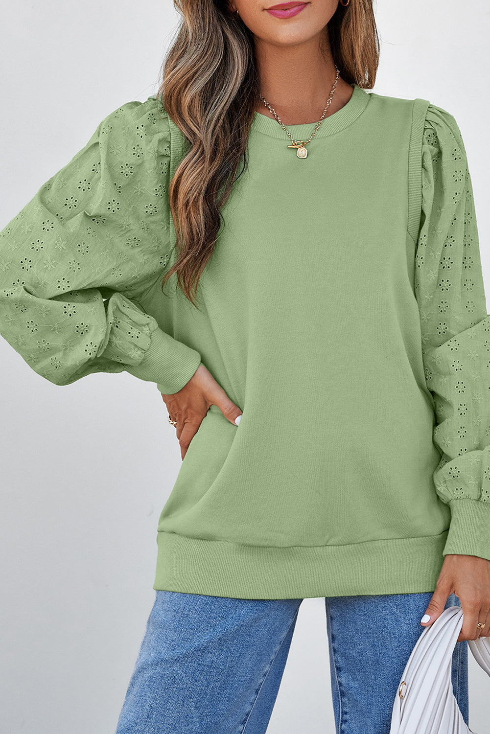 Mist Green Solid Patchwork Sleeve Round Neck Sweatshirt