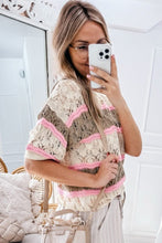 Load image into Gallery viewer, Brown Stripe Color Block Hollow Out Crochet Half Sleeve Sweater
