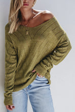 Load image into Gallery viewer, Sage Green Solid Eyelet Drop Shoulder V Neck Sweater
