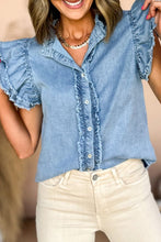 Load image into Gallery viewer, Beau Blue Button Front Ruffled Flutter Frayed Denim Top
