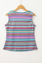 Load image into Gallery viewer, Light Blue Ethnic Wavy Pattern Round Neck Sleeveless Top
