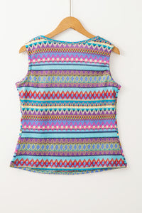 Light Blue Ethnic Wavy Pattern Round Neck Sleeveless Top