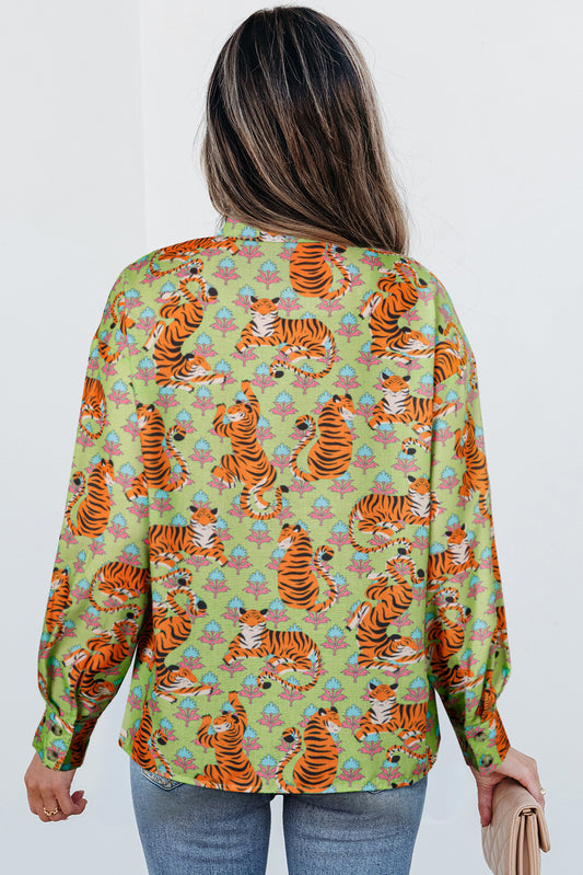 Green Tiger Floral Printed Collared V Neck Casual Shirt