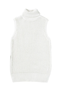 White Turtleneck Knitted Slit Hem Sweater Vest