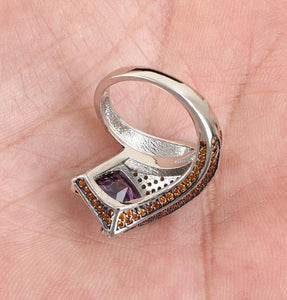 Unique Ring Square Amethyst Gemstone & Citrine Pave 925 Sterling Silver Size 7