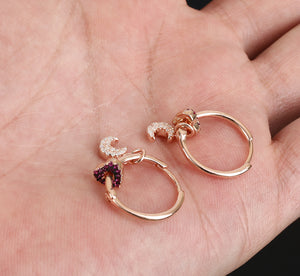 Topaz Moon & Ruby Heart Hoops Earrings Rose Gold *Fine Jewelry*
