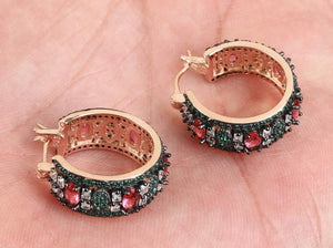 Beutiful  Hoops Earring Emeralds, Ruby & White Topaz. Rose Gold over Sterling Silver