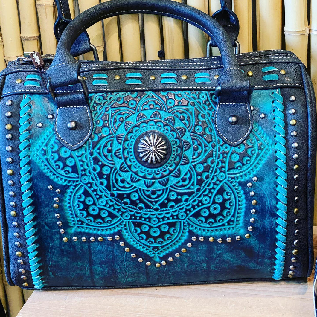 Montana West Trinity Ranch Tooled Real Leather Collection Satchel/Crossbody Handbag Purse Blue