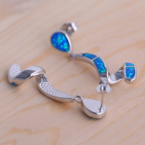 Curved Shape Blue fire opal Dangle Earrings Silver Stamped *Fine Jewelry*