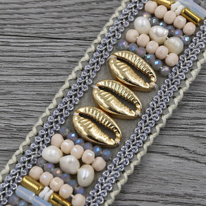 Wide Leather Bracelet Shells Crystal Beads & Pearls. Metal Magnet Clasp