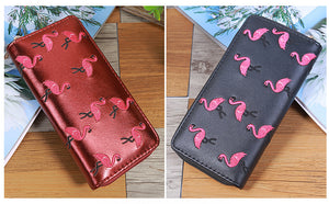 Long Wallet Pink Flamingo Embroidery Black, Silver or Burgundy