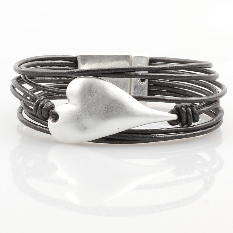 Leather Bracelet bohemian Silver Heart Metal Magnet Clasp